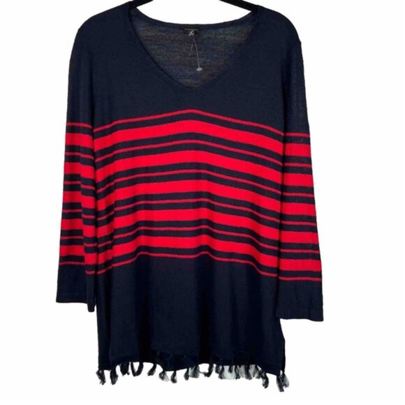 NWOT TALBOTS 100% LINEN Vneck Frige Hem Striped lightweight Sweater Blouse Sz M - Picture 1 of 11